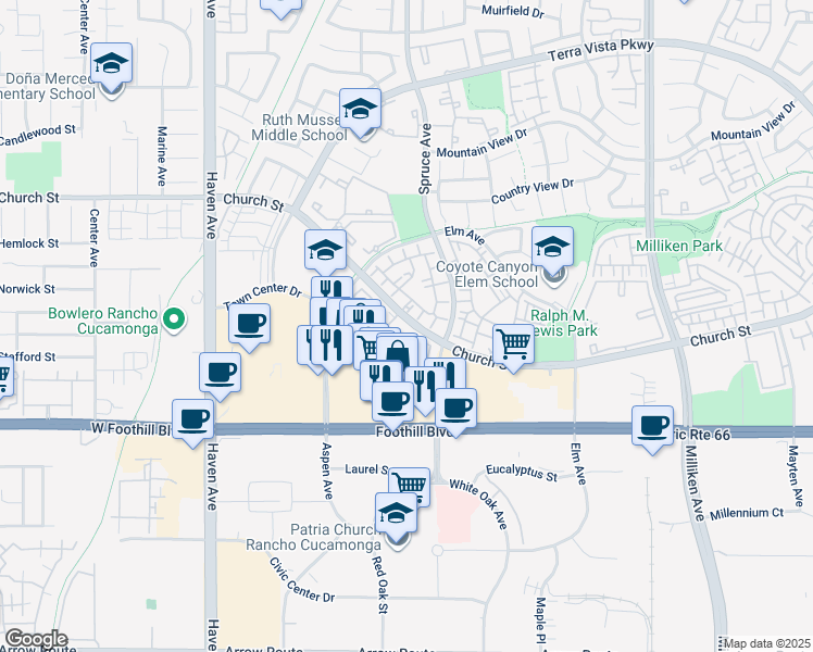 map of restaurants, bars, coffee shops, grocery stores, and more near 10855 Church Street in Rancho Cucamonga