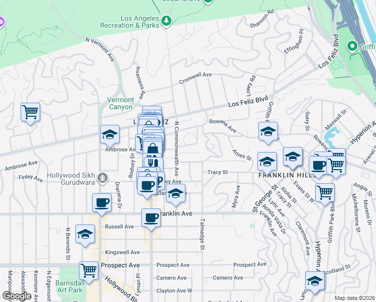 map of restaurants, bars, coffee shops, grocery stores, and more near 2131 Cedarhurst Drive in Los Angeles