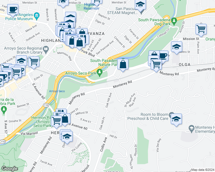 map of restaurants, bars, coffee shops, grocery stores, and more near 92 Monterey Road in South Pasadena