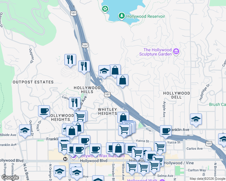 map of restaurants, bars, coffee shops, grocery stores, and more near 6801 Iris Circle in Los Angeles