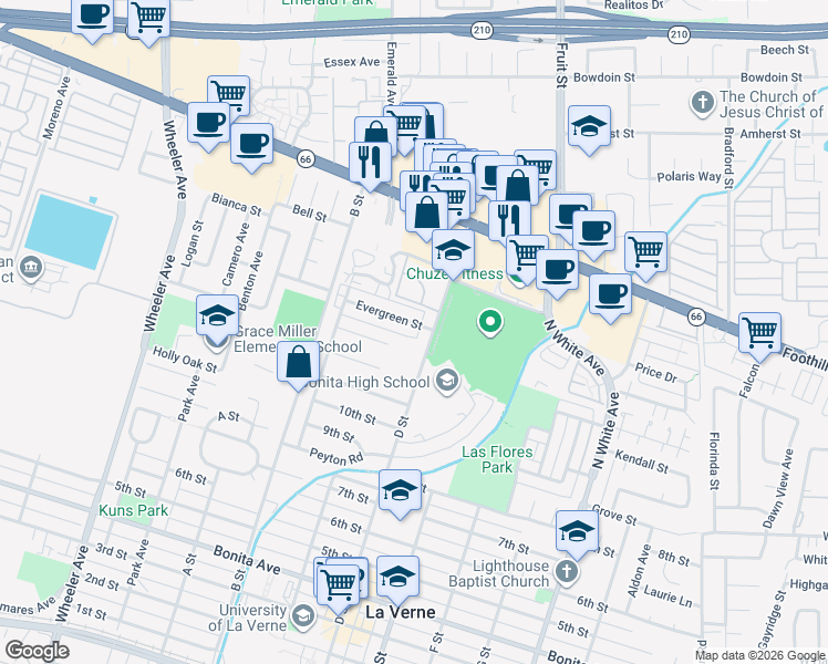 map of restaurants, bars, coffee shops, grocery stores, and more near 2062 Evergreen Street in La Verne
