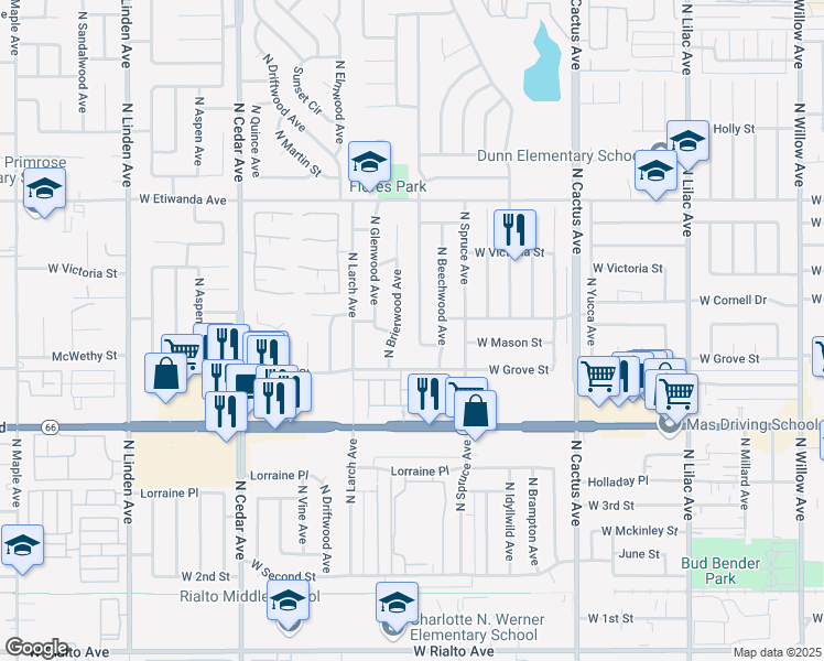 map of restaurants, bars, coffee shops, grocery stores, and more near 572 North Teakwood Avenue in Rialto