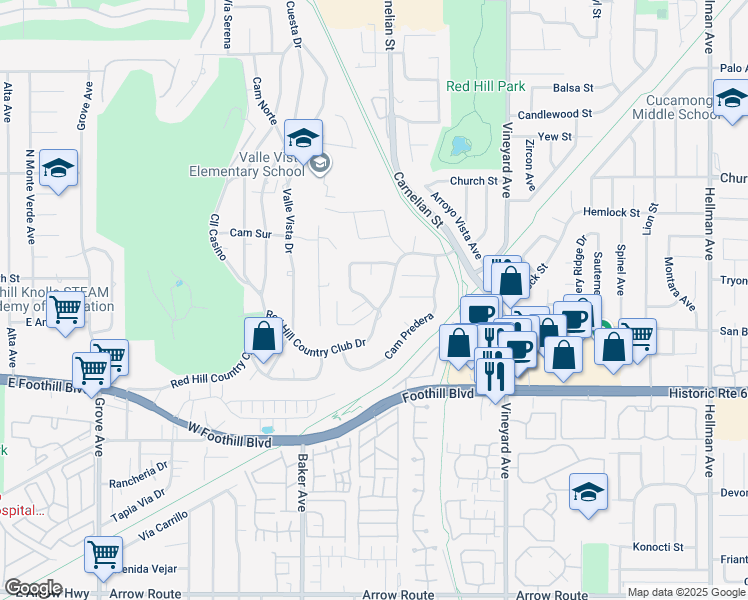 map of restaurants, bars, coffee shops, grocery stores, and more near 7953 Chula Vista Drive in Rancho Cucamonga