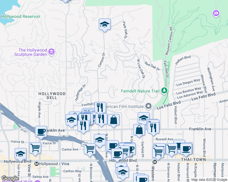 map of restaurants, bars, coffee shops, grocery stores, and more near 5751 Valley Oak Drive in Los Angeles