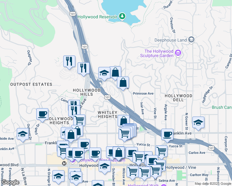 map of restaurants, bars, coffee shops, grocery stores, and more near 6520 Iris Drive in Los Angeles