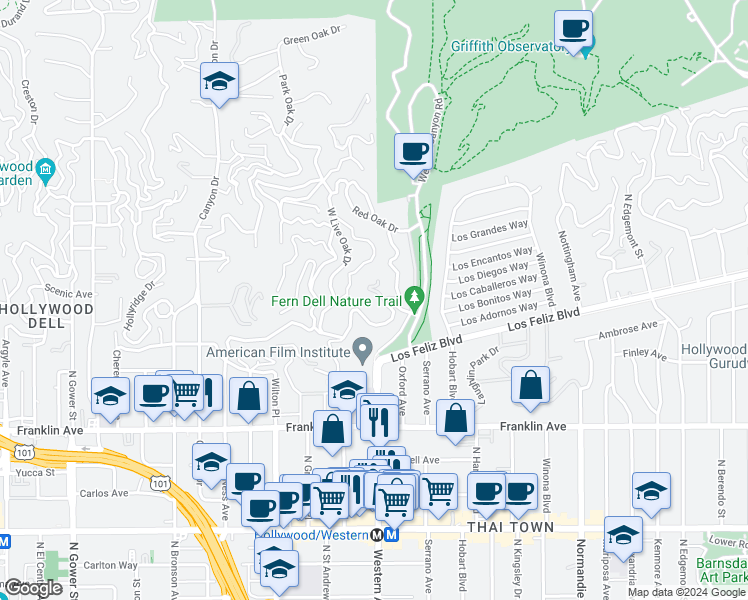 map of restaurants, bars, coffee shops, grocery stores, and more near 2175 Ponet Drive in Los Angeles