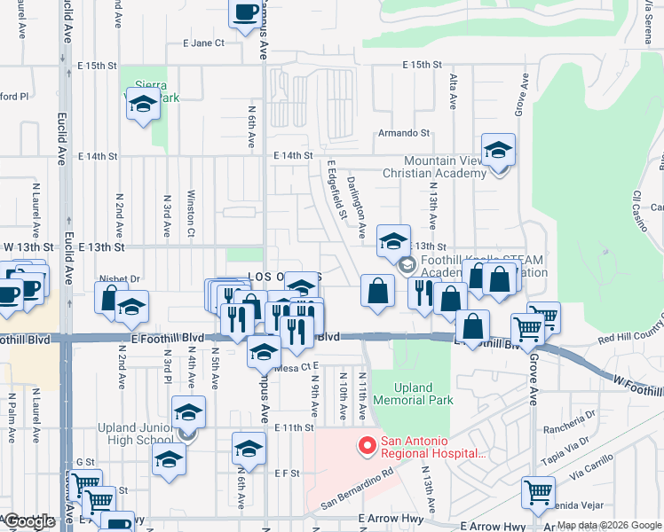 map of restaurants, bars, coffee shops, grocery stores, and more near 929 East Foothill Boulevard in Upland