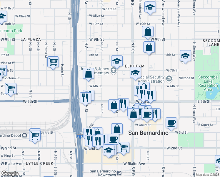 map of restaurants, bars, coffee shops, grocery stores, and more near 649 West 6th Street in San Bernardino