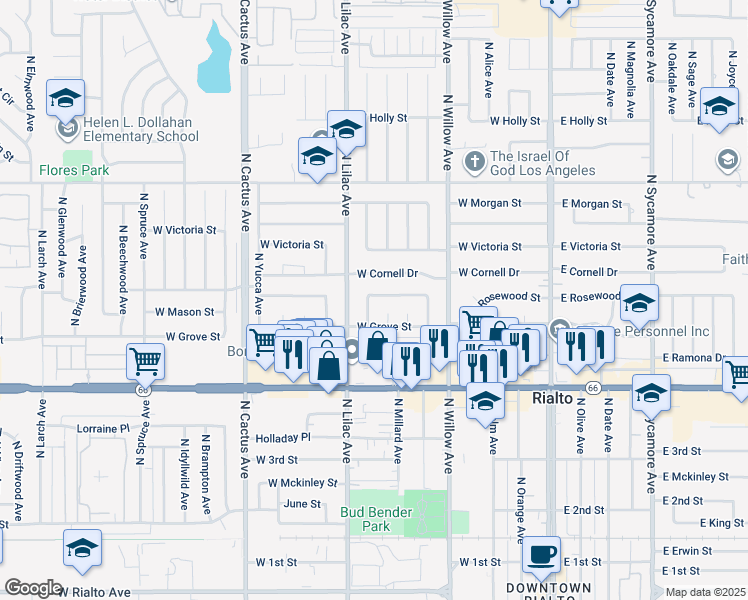 map of restaurants, bars, coffee shops, grocery stores, and more near 571 North Verde Avenue in Rialto