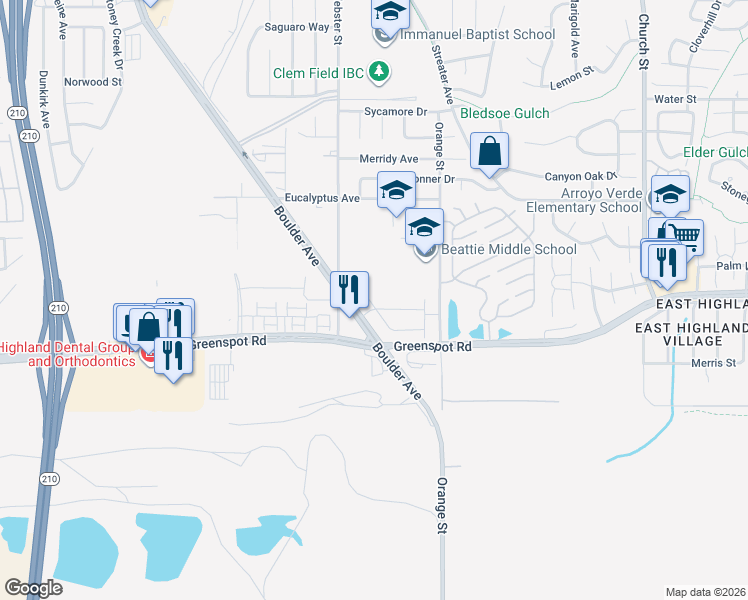 map of restaurants, bars, coffee shops, grocery stores, and more near 7903 Chaparral Drive in Highland