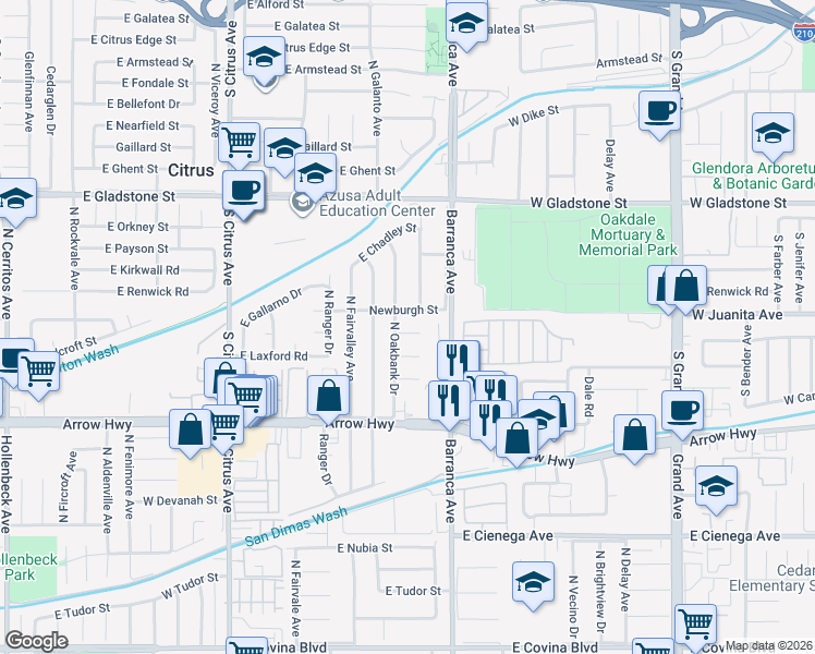 map of restaurants, bars, coffee shops, grocery stores, and more near 18811 East Weather Road in Covina