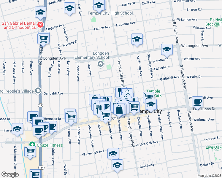 map of restaurants, bars, coffee shops, grocery stores, and more near 6057 Primrose Avenue in Temple City