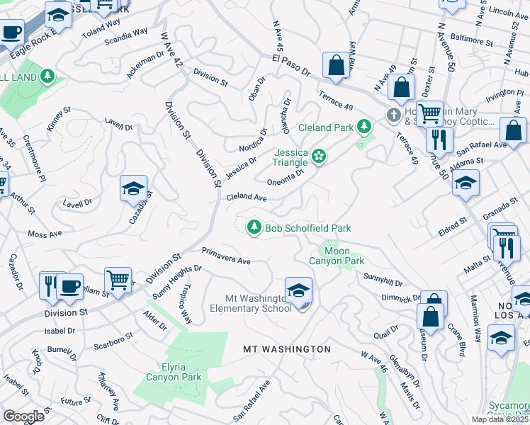 map of restaurants, bars, coffee shops, grocery stores, and more near 4456 San Andreas Avenue in Los Angeles