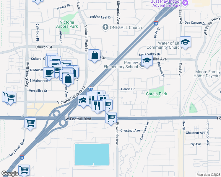 map of restaurants, bars, coffee shops, grocery stores, and more near 7892 Etiwanda Avenue in Rancho Cucamonga