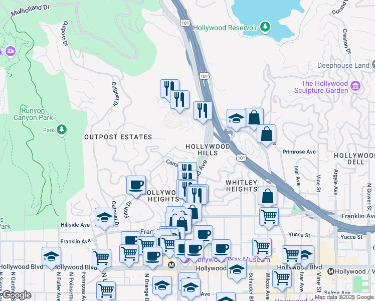 map of restaurants, bars, coffee shops, grocery stores, and more near 6867 Alta Loma Terrace in Los Angeles