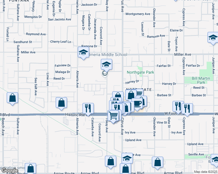 map of restaurants, bars, coffee shops, grocery stores, and more near 7935 Tokay Avenue in Fontana