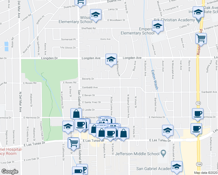 map of restaurants, bars, coffee shops, grocery stores, and more near 8375 East Garibaldi Avenue in San Gabriel
