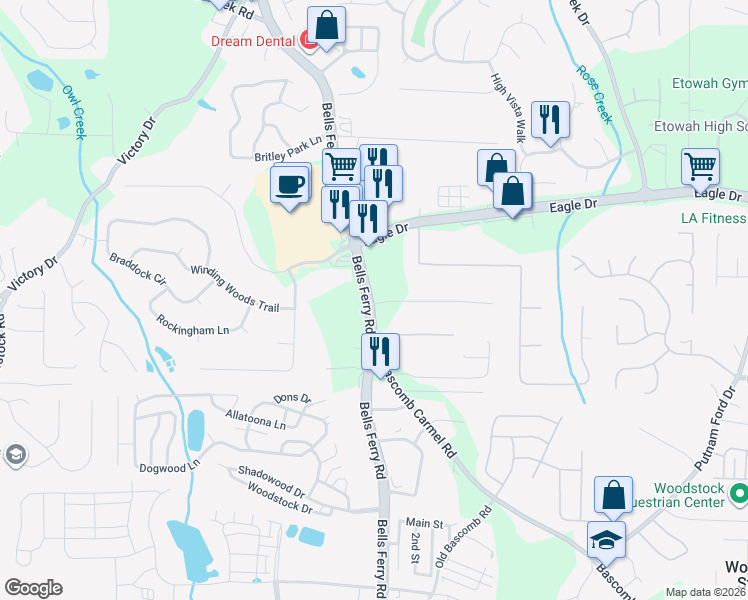 map of restaurants, bars, coffee shops, grocery stores, and more near 22 Florence Road in Woodstock