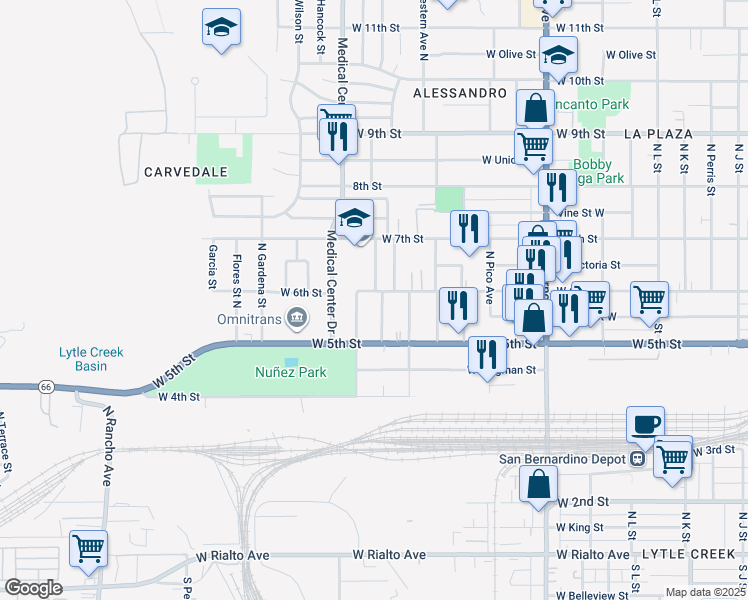 map of restaurants, bars, coffee shops, grocery stores, and more near 596 Ramona Avenue in San Bernardino