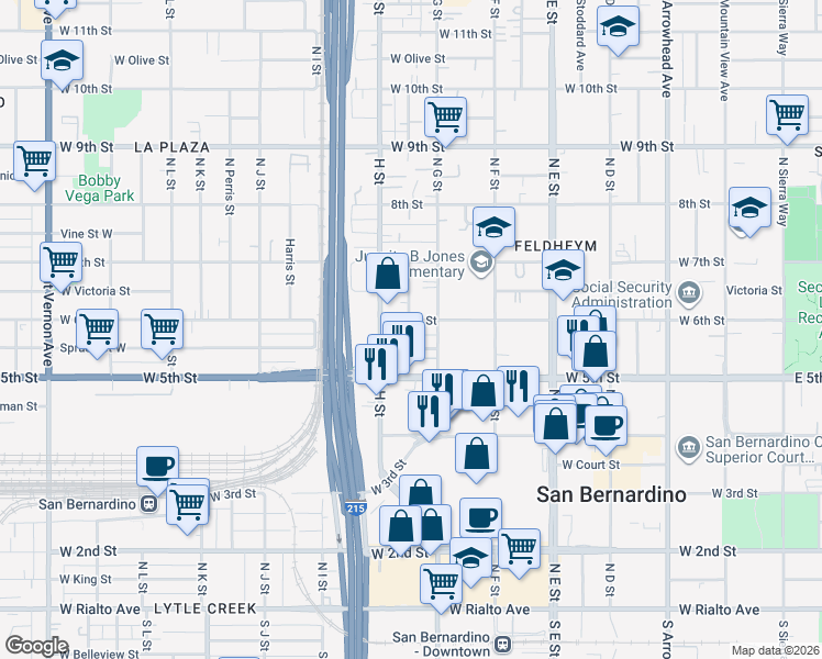 map of restaurants, bars, coffee shops, grocery stores, and more near 763 West 6th Street in San Bernardino