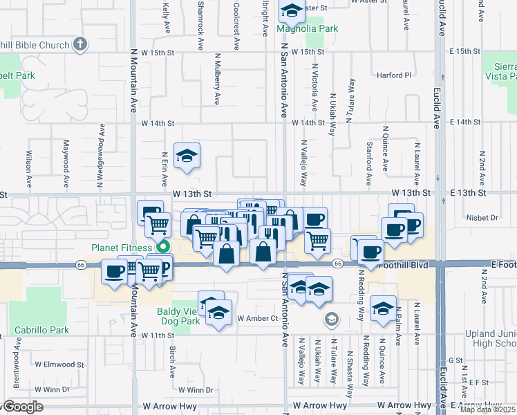map of restaurants, bars, coffee shops, grocery stores, and more near 1244 North Albright Avenue in Upland