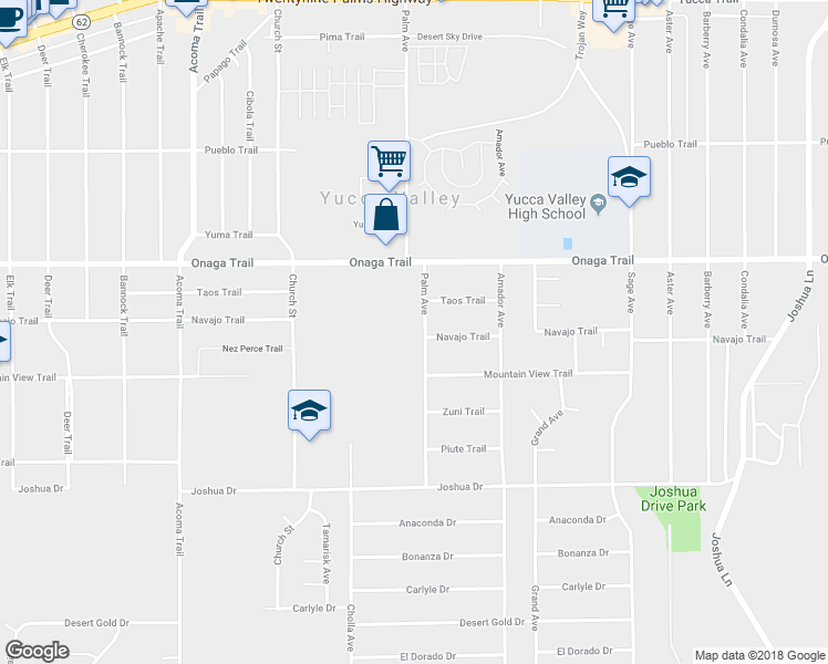 map of restaurants, bars, coffee shops, grocery stores, and more near 7824 Palm Avenue in Yucca Valley
