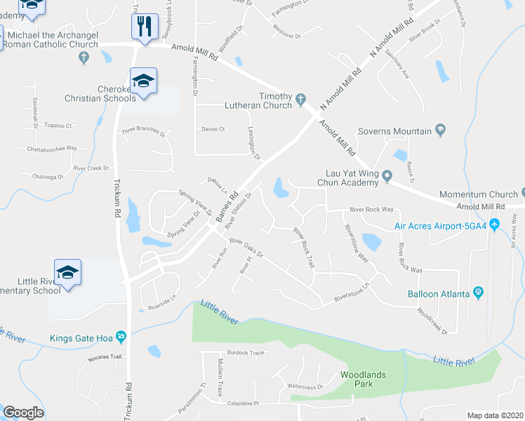 map of restaurants, bars, coffee shops, grocery stores, and more near 2306 River Station Terrace in Woodstock