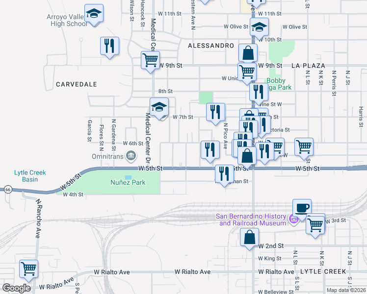 map of restaurants, bars, coffee shops, grocery stores, and more near 588 Cabrera Avenue in San Bernardino