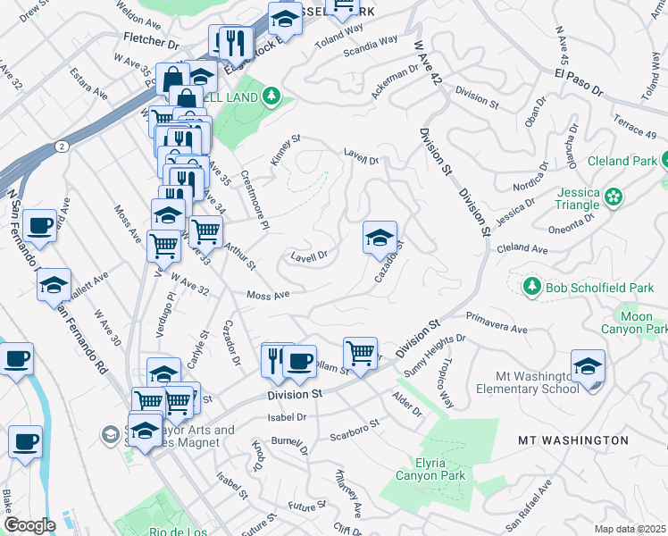 map of restaurants, bars, coffee shops, grocery stores, and more near 3614 Parrish Avenue in Los Angeles