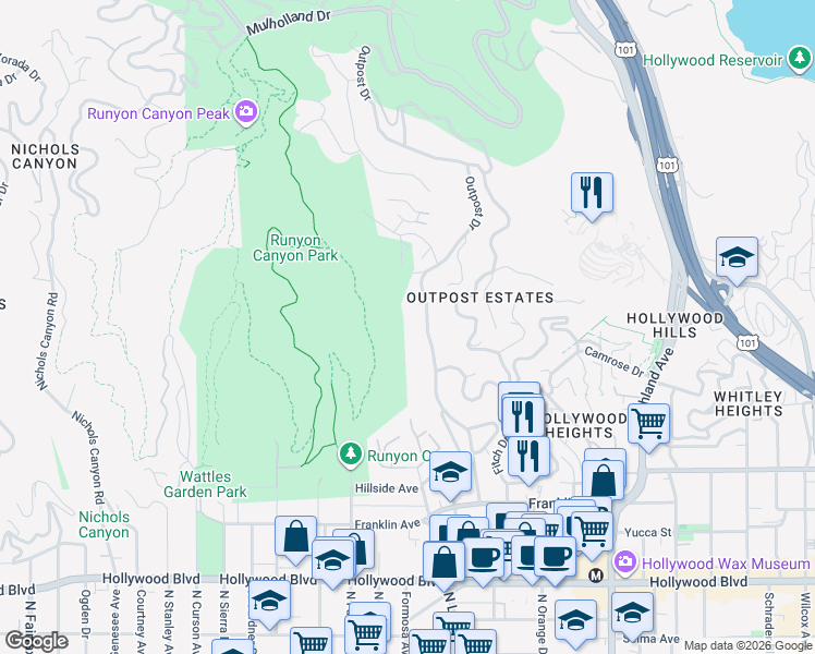 map of restaurants, bars, coffee shops, grocery stores, and more near 2133 Outpost Drive in Los Angeles