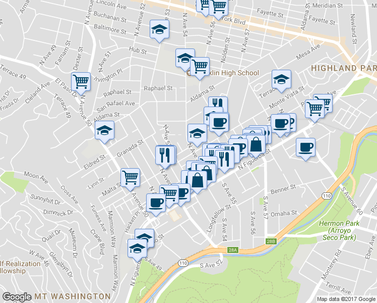 map of restaurants, bars, coffee shops, grocery stores, and more near 5333 Monte Vista Street in Los Angeles