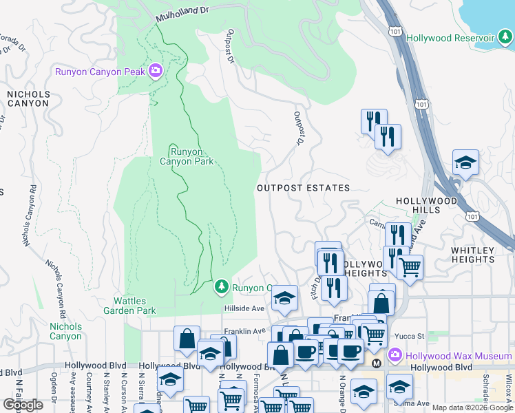 map of restaurants, bars, coffee shops, grocery stores, and more near 2133 Outpost Drive in Los Angeles