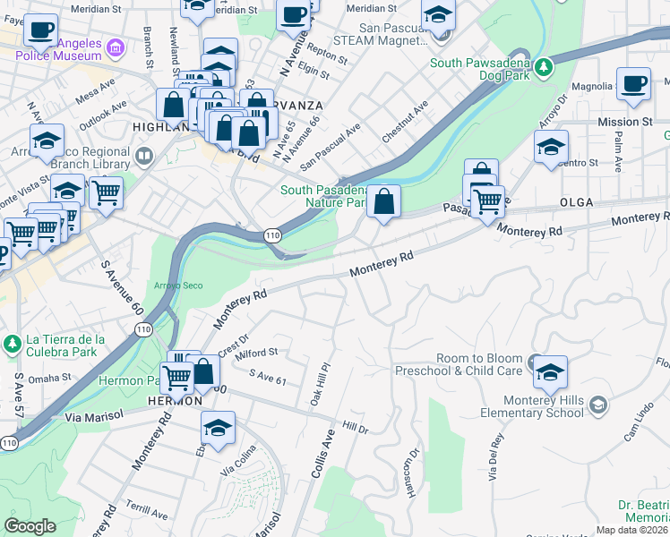 map of restaurants, bars, coffee shops, grocery stores, and more near 86 Monterey Road in South Pasadena
