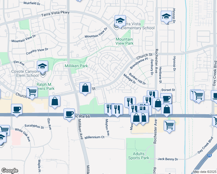 map of restaurants, bars, coffee shops, grocery stores, and more near 11755 Malaga Drive in Rancho Cucamonga
