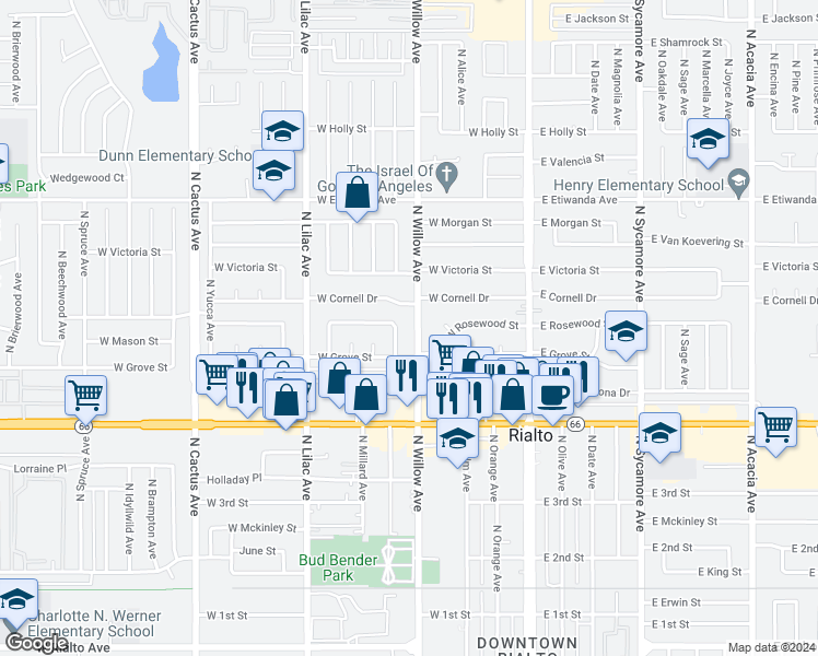 map of restaurants, bars, coffee shops, grocery stores, and more near 570 North Willow Avenue in Rialto
