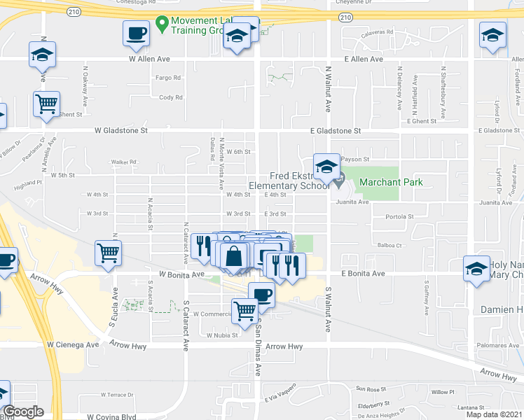 map of restaurants, bars, coffee shops, grocery stores, and more near 300 North San Dimas Avenue in San Dimas