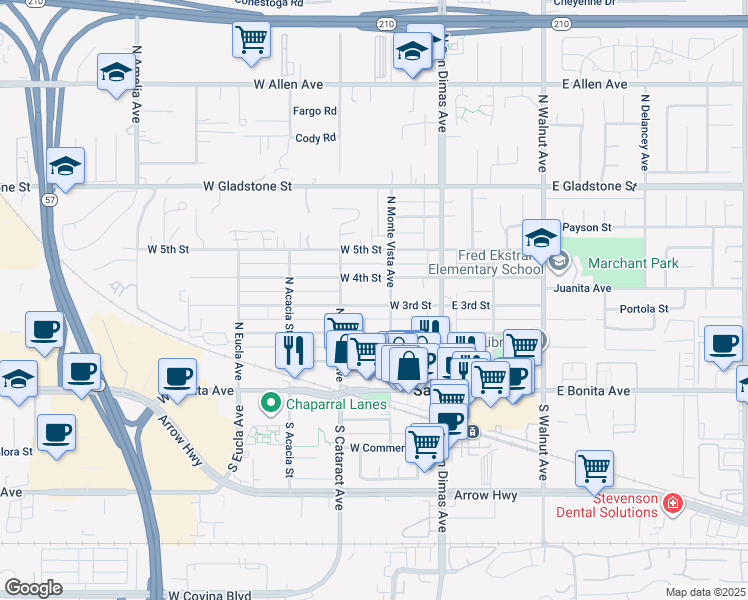 map of restaurants, bars, coffee shops, grocery stores, and more near 213 West 3rd Street in San Dimas