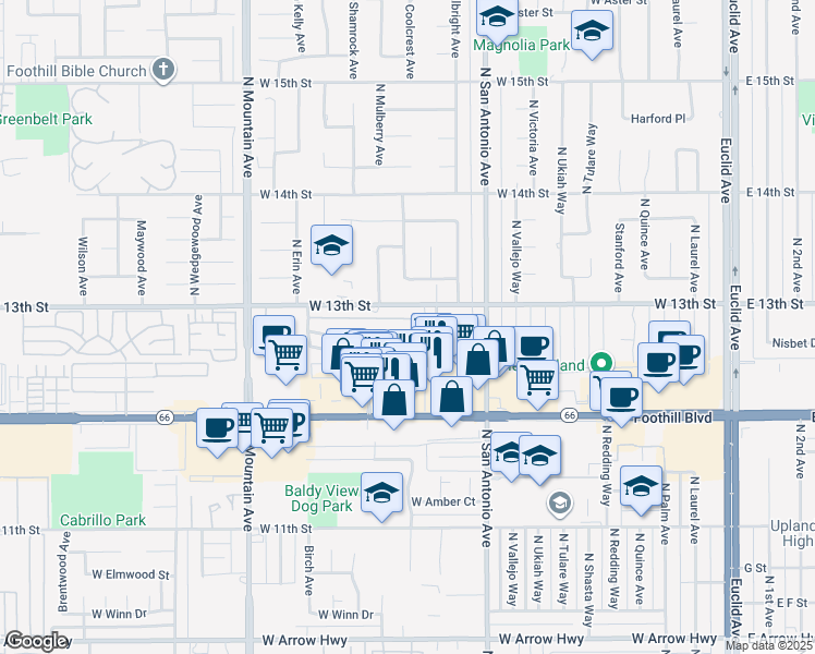 map of restaurants, bars, coffee shops, grocery stores, and more near 939 West Pine Street in Upland