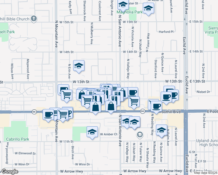 map of restaurants, bars, coffee shops, grocery stores, and more near 1244 North Albright Avenue in Upland