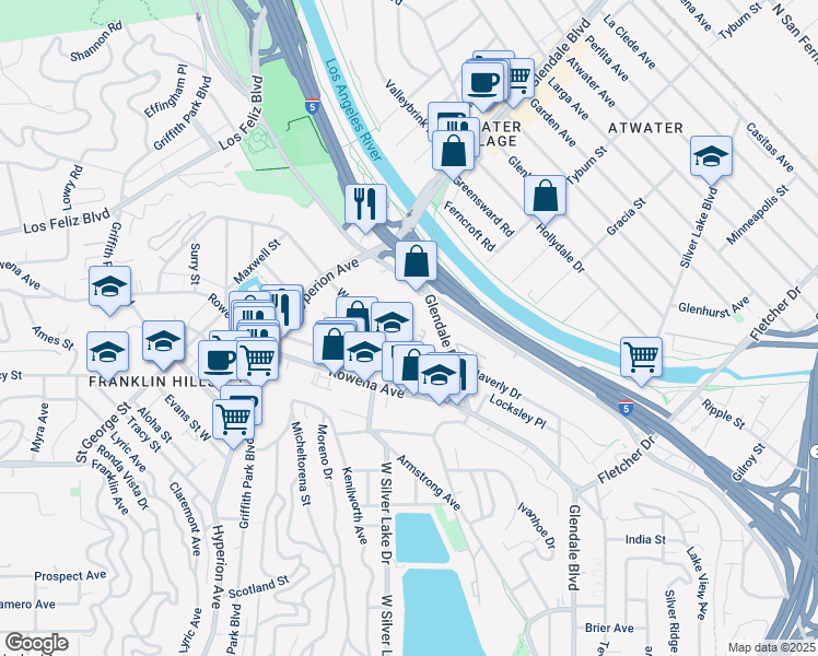 map of restaurants, bars, coffee shops, grocery stores, and more near 2919 Waverly Drive in Los Angeles