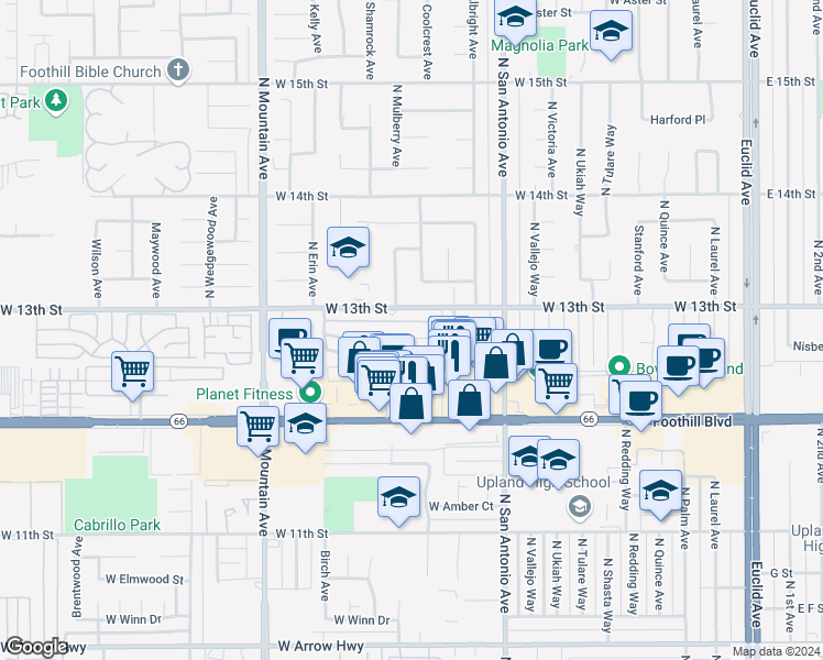 map of restaurants, bars, coffee shops, grocery stores, and more near 959 West Pine Street in Upland