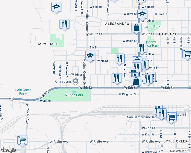 map of restaurants, bars, coffee shops, grocery stores, and more near 596 Ramona Avenue in San Bernardino
