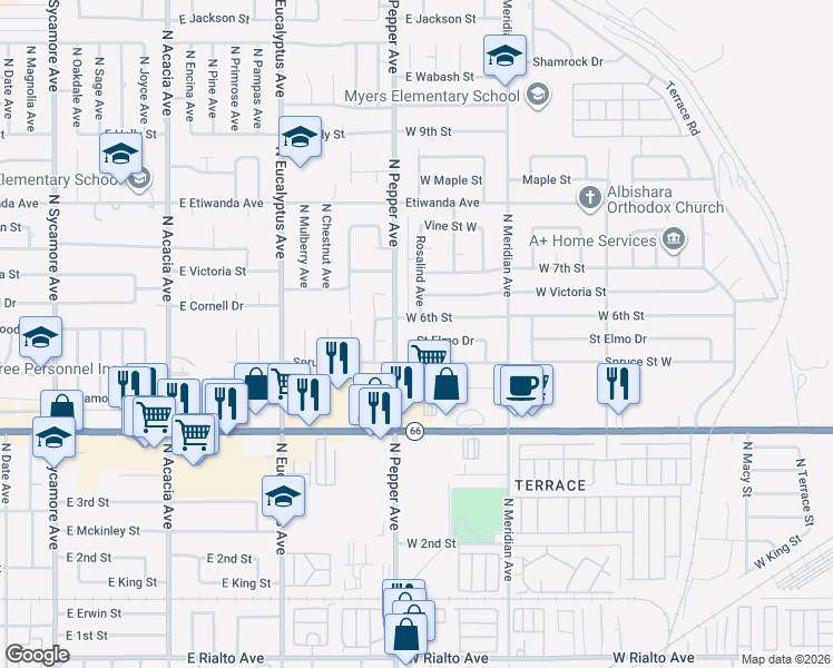 map of restaurants, bars, coffee shops, grocery stores, and more near 2882 Saint Elmo Drive in Rialto