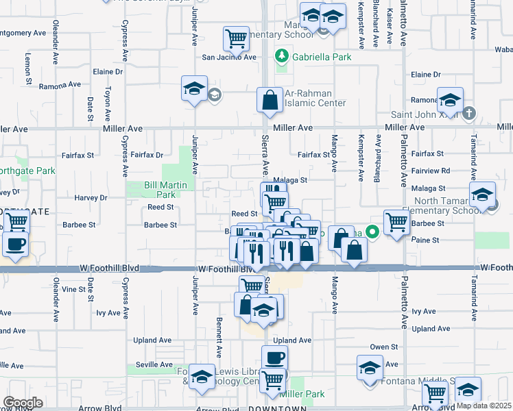 map of restaurants, bars, coffee shops, grocery stores, and more near 16870 Reed Street in Fontana