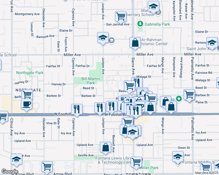 map of restaurants, bars, coffee shops, grocery stores, and more near 16726 Reed Street in Fontana