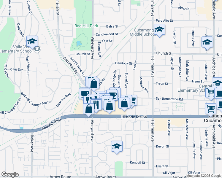 map of restaurants, bars, coffee shops, grocery stores, and more near 7945 Summerlin Place in Rancho Cucamonga