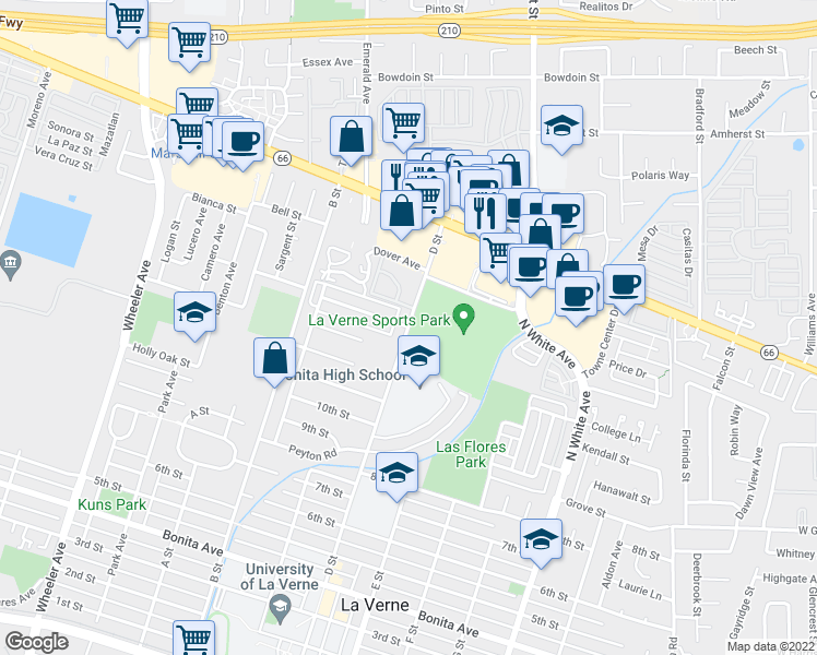 map of restaurants, bars, coffee shops, grocery stores, and more near D Street & Evergreen Street in La Verne