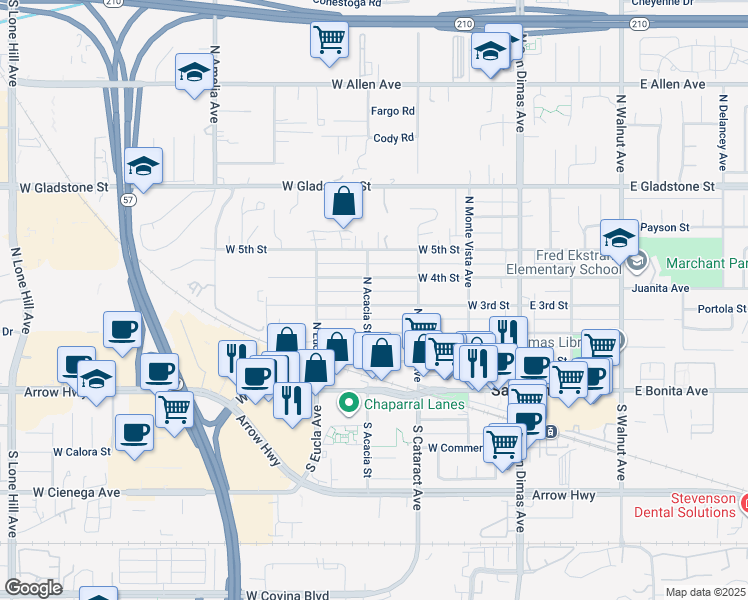 map of restaurants, bars, coffee shops, grocery stores, and more near 333 West 3rd Street in San Dimas