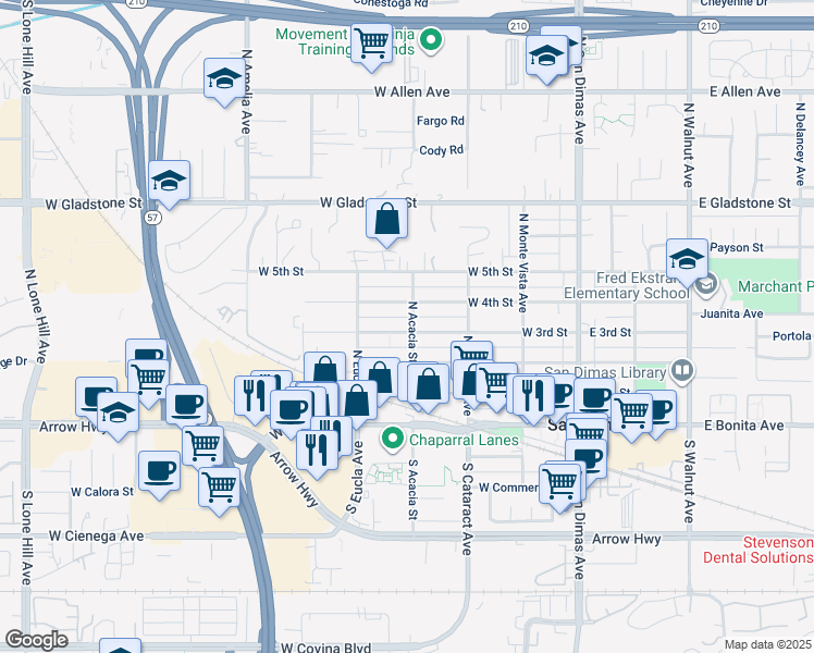 map of restaurants, bars, coffee shops, grocery stores, and more near 417 West 3rd Street in San Dimas