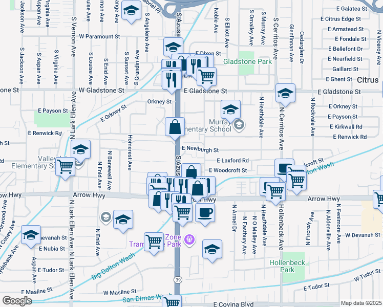 map of restaurants, bars, coffee shops, grocery stores, and more near 260 East Newburgh Street in Azusa